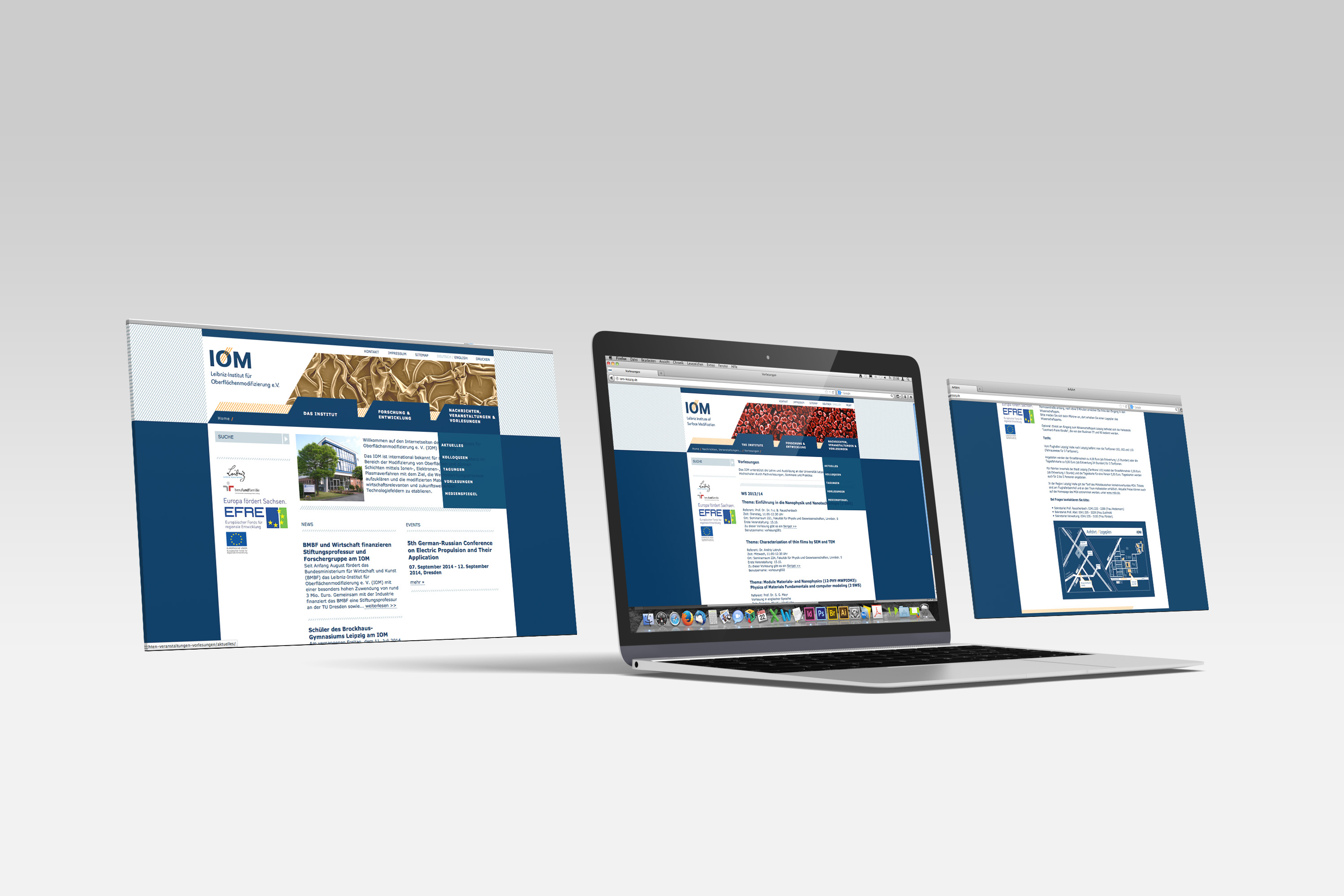 Ein Laptop zeigt die Website des Leibniz-Instituts für Oberflächenmodifizierung mit modernem Design in Dunkelblau und Orange.