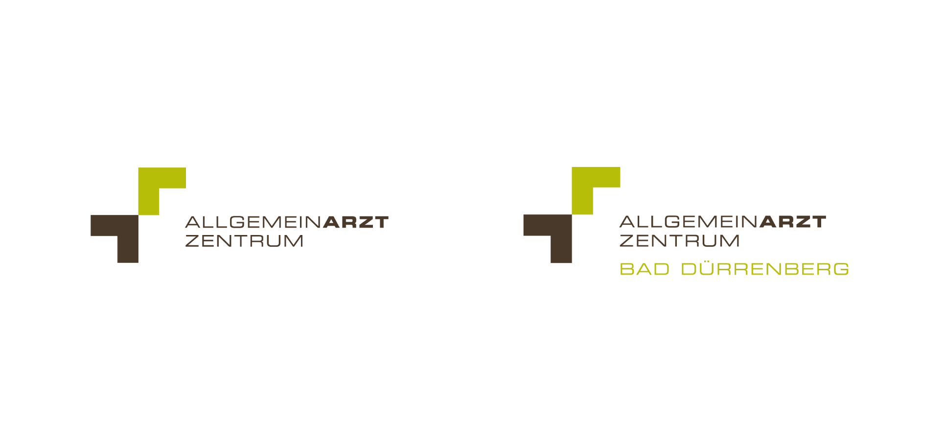 Zwei Logo-Varianten des AllgemeinarztZentrums Bad Dürrenberg mit geometrischer Kreuzform in Braun und Grün auf weißem Hintergrund.