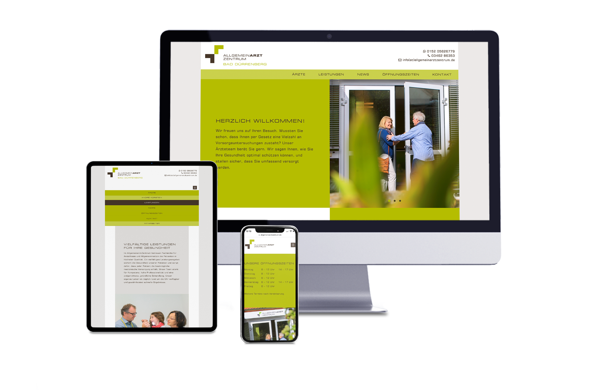 Responsive Website des AllgemeinarztZentrum Bad Dürrenberg auf Desktop, Tablet und Smartphone mit klarer Struktur und Farbdesign.