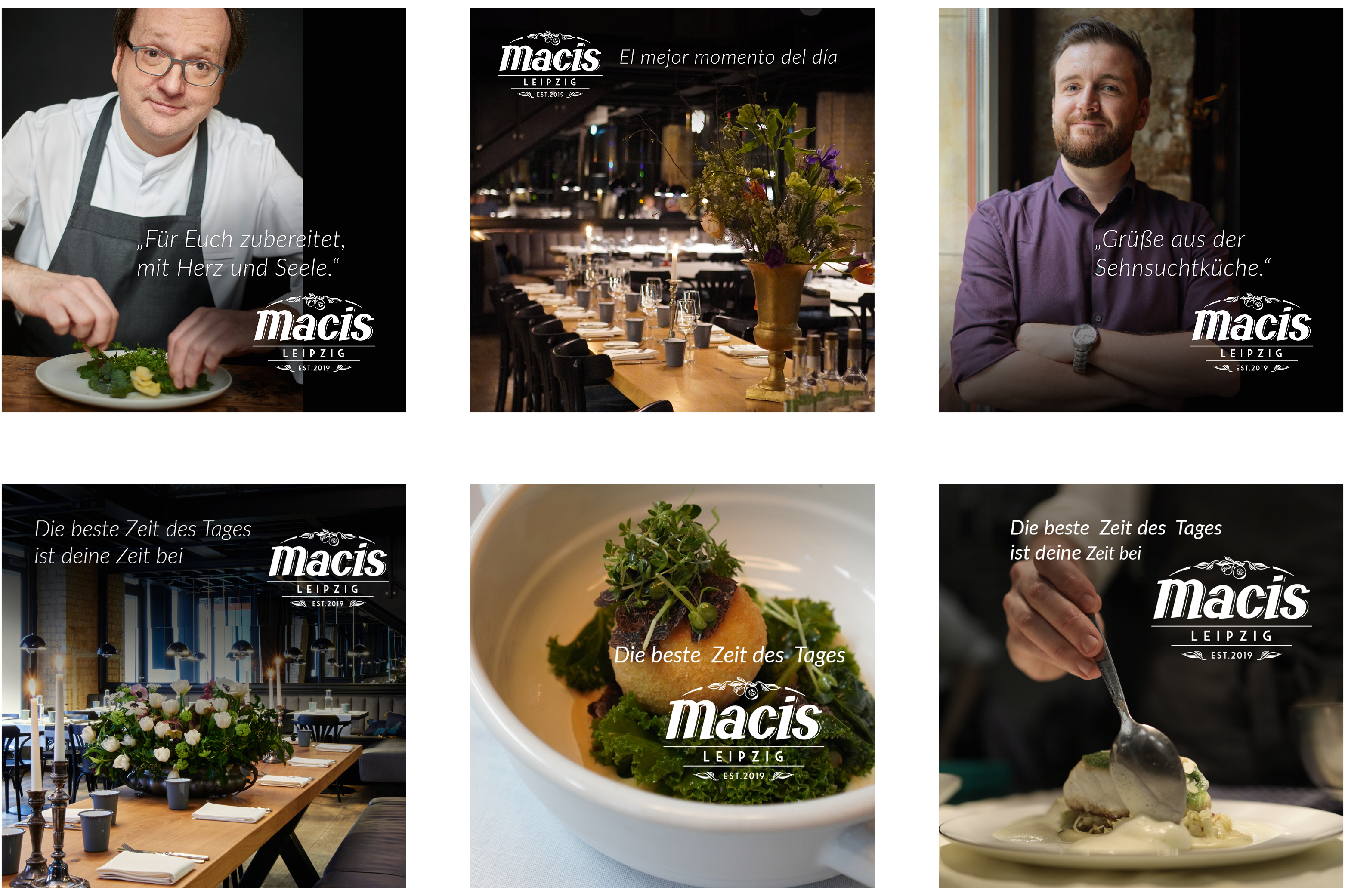 Collage mit sechs Motiven, darunter Köche, Gerichte, Zitate und der Restaurant-Innenraum, alle mit dem macis-Logo.