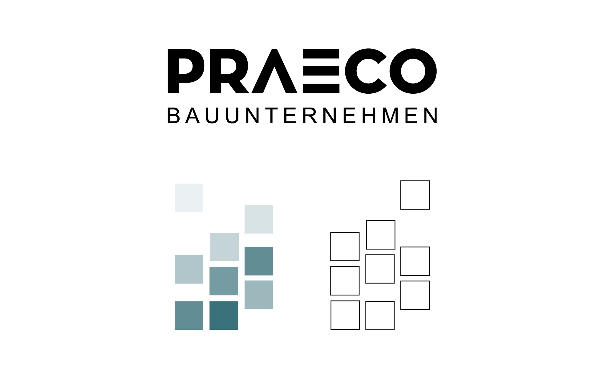 Logo mit geometrischen Blöcken in Blautönen und Umrissvarianten.