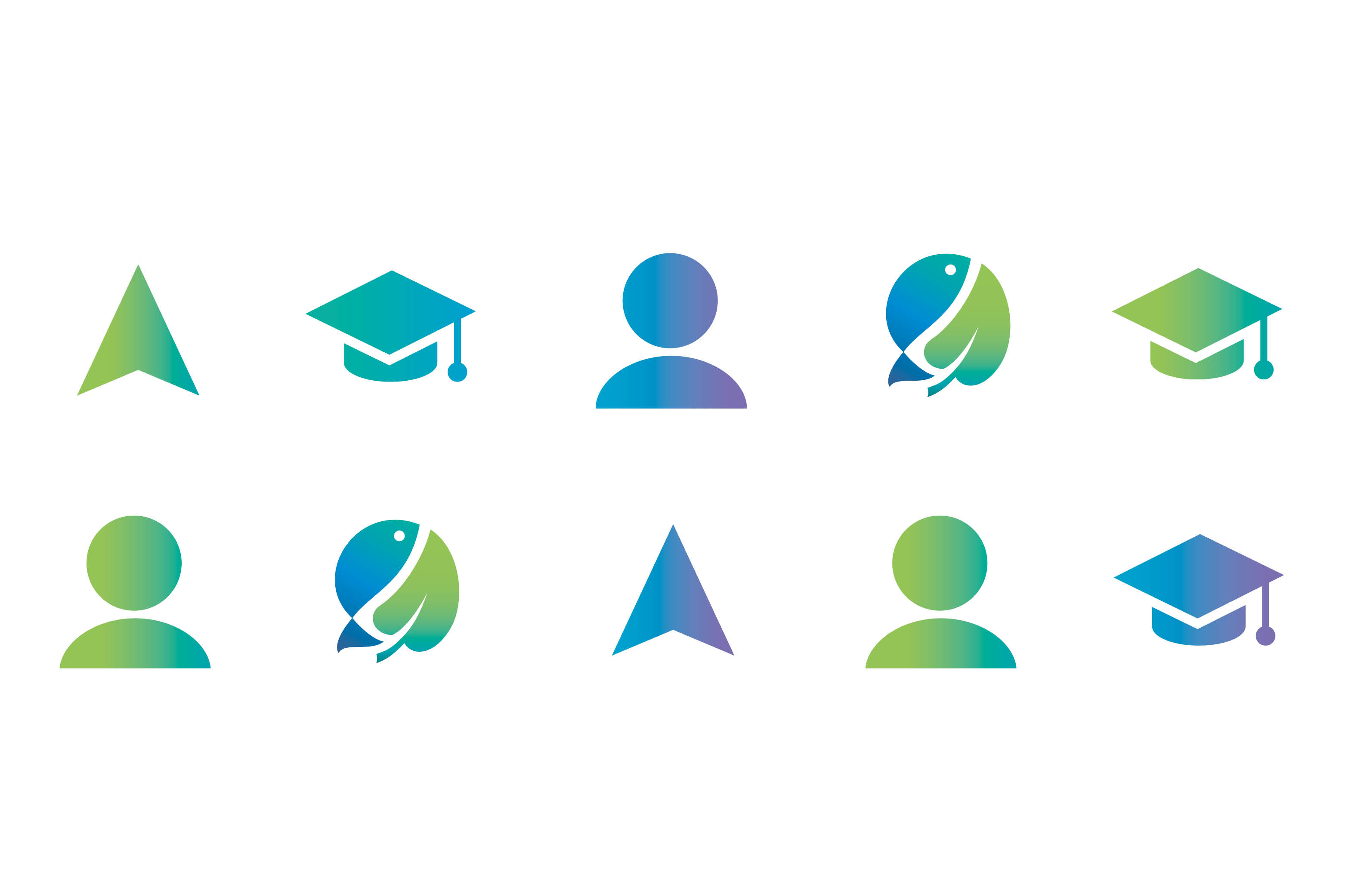 Icon-Set in Farbverlauf aus Blau, Grün und Lila mit Symbolen wie Person, Pfeil, Fischblatt und Doktorhut.