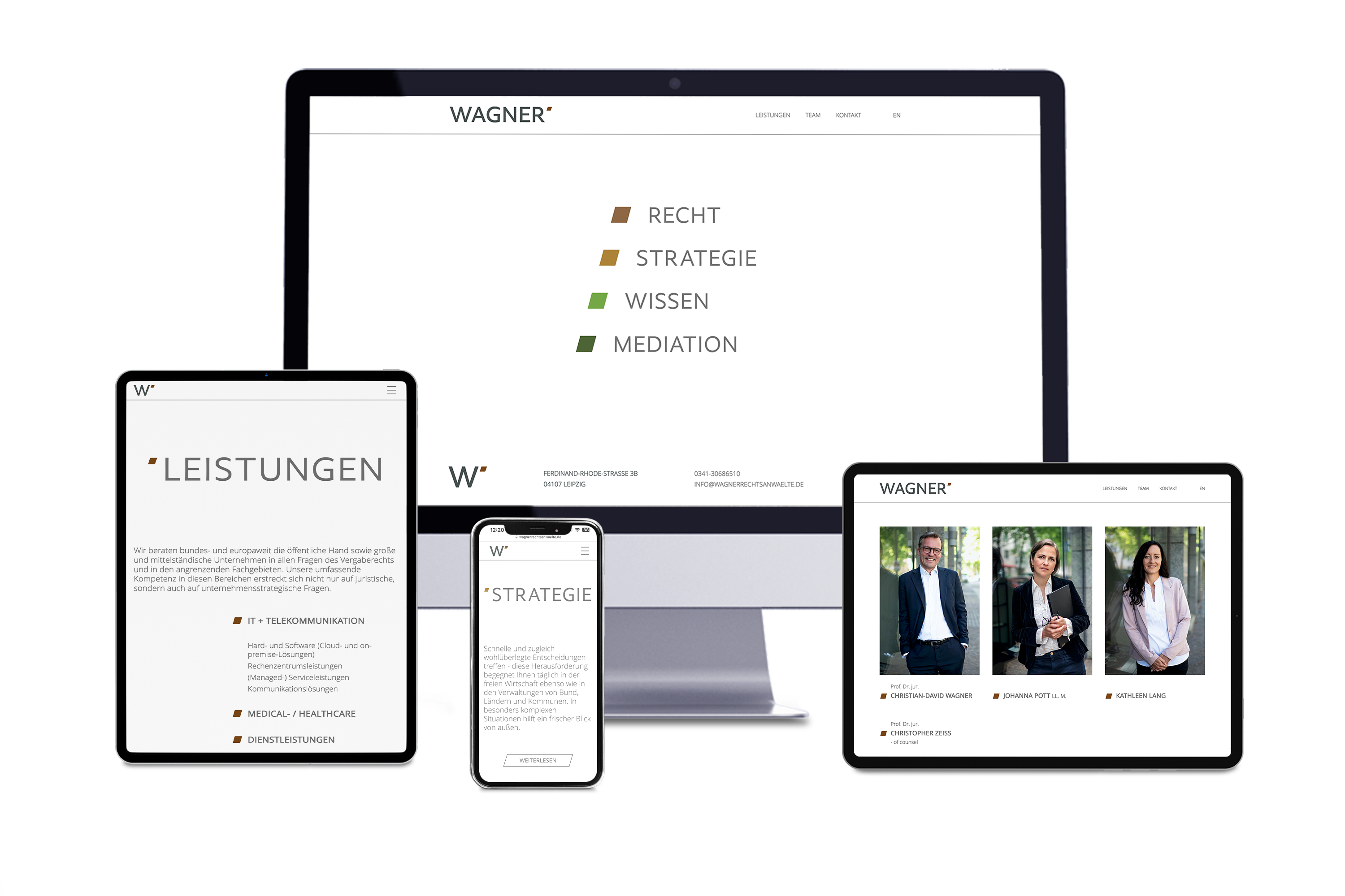 Darstellung der Wagner-Website auf Desktop, Laptop, Tablet und Smartphone. Die Begriffe „Recht“, „Strategie“, „Wissen“ und „Mediation“ sind farblich codiert.