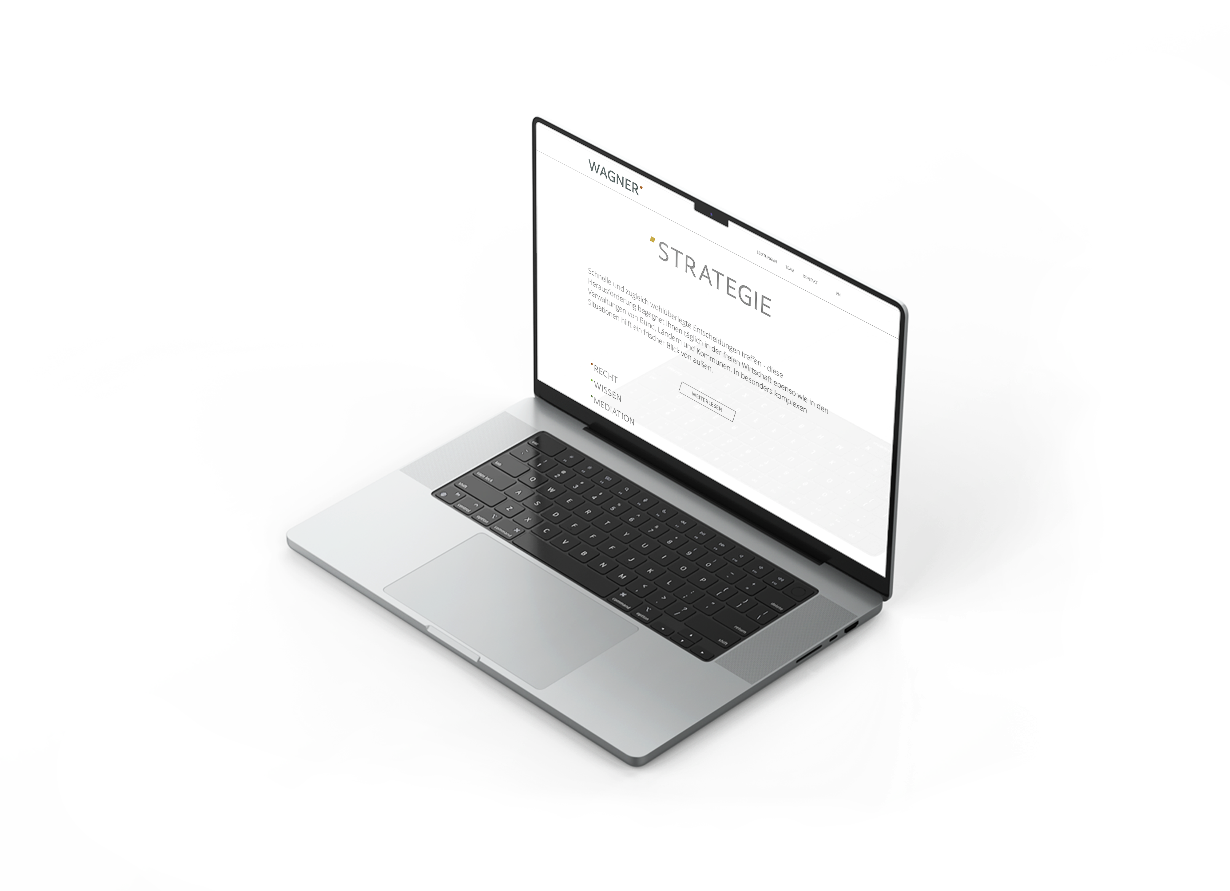 Geöffneter Laptop mit gezeigter Website der Kanzlei Wagner. Im Fokus steht der Bereich „Strategie“ mit begleitendem Text.